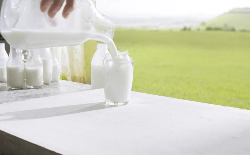 Leche fresca servida de una jarra de vidrio con el campo detrás